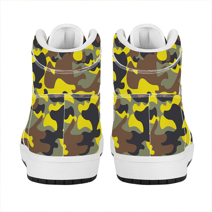 Yellow Brown And Black Camouflage Print High Top Leather Sneakers