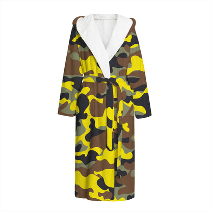 Yellow Brown And Black Camouflage Print Hooded Bathrobe