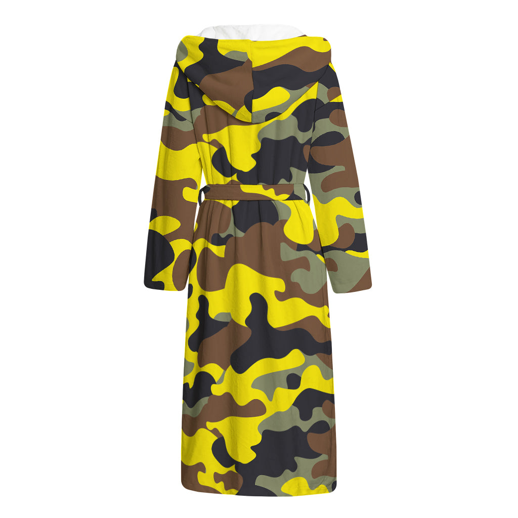 Yellow Brown And Black Camouflage Print Hooded Bathrobe
