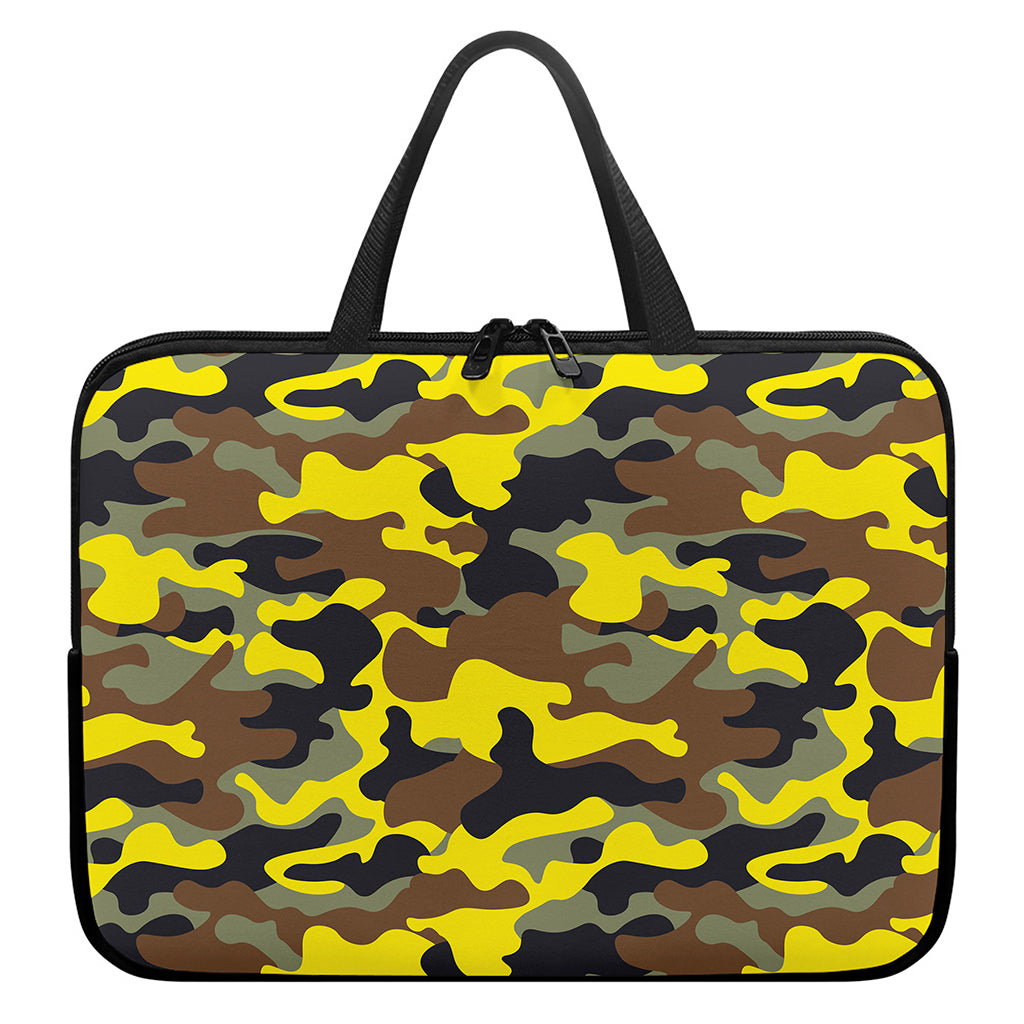 Yellow Brown And Black Camouflage Print Laptop Sleeve With Handle
