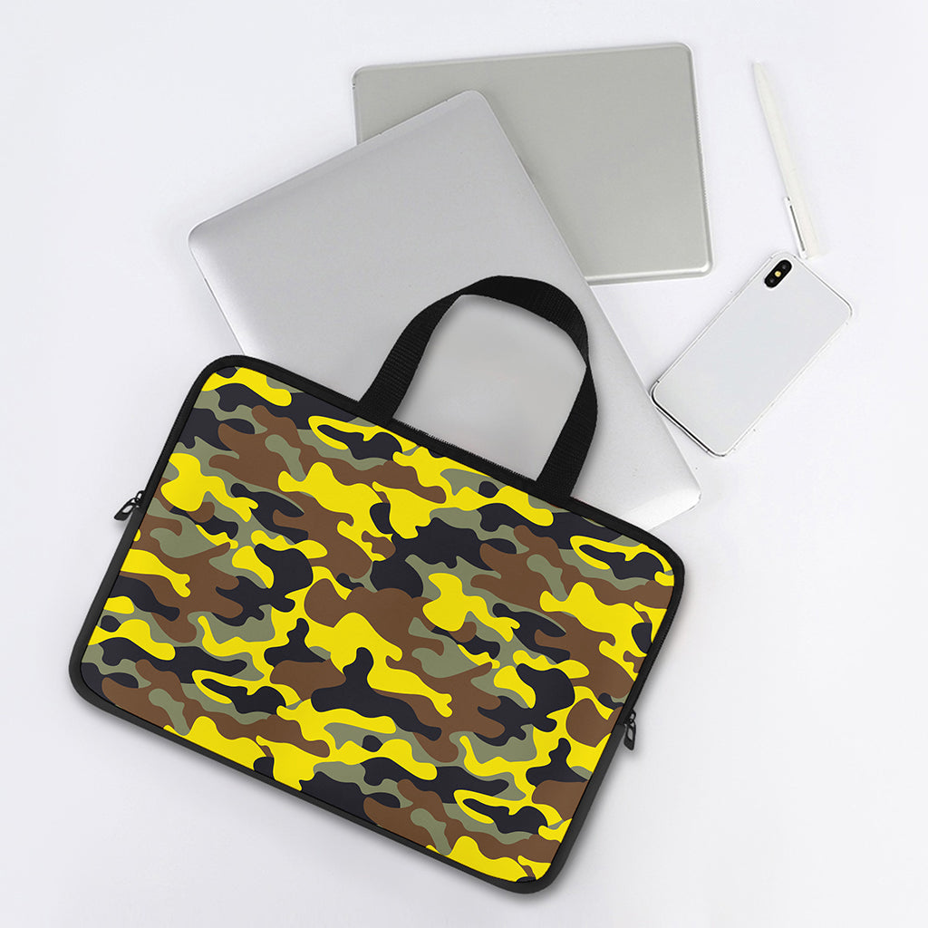 Yellow Brown And Black Camouflage Print Laptop Sleeve With Handle