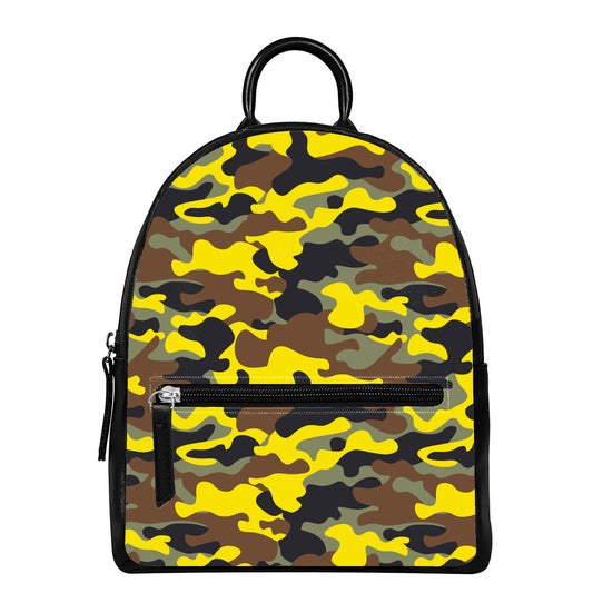 Yellow Brown And Black Camouflage Print Leather Backpack
