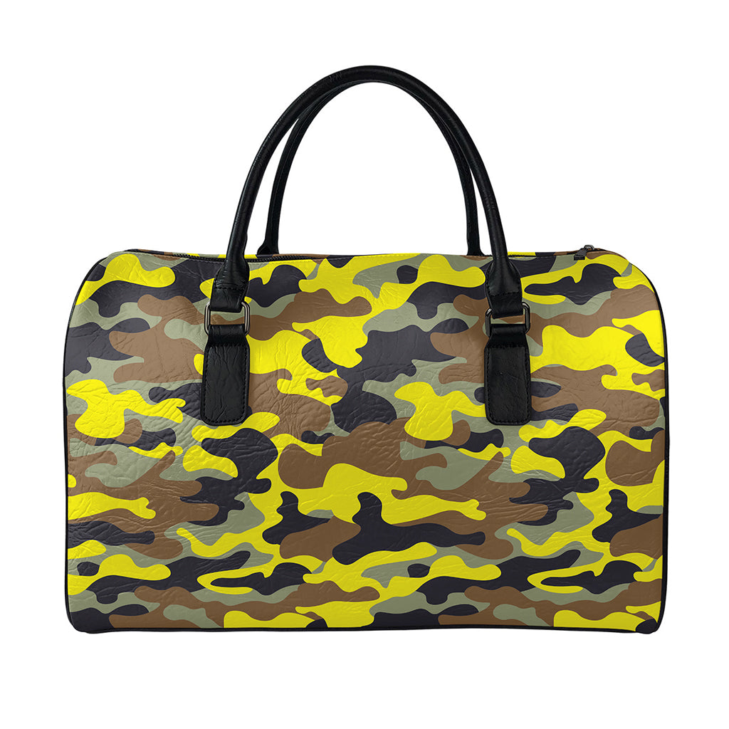 Yellow Brown And Black Camouflage Print Leather Duffle Bag