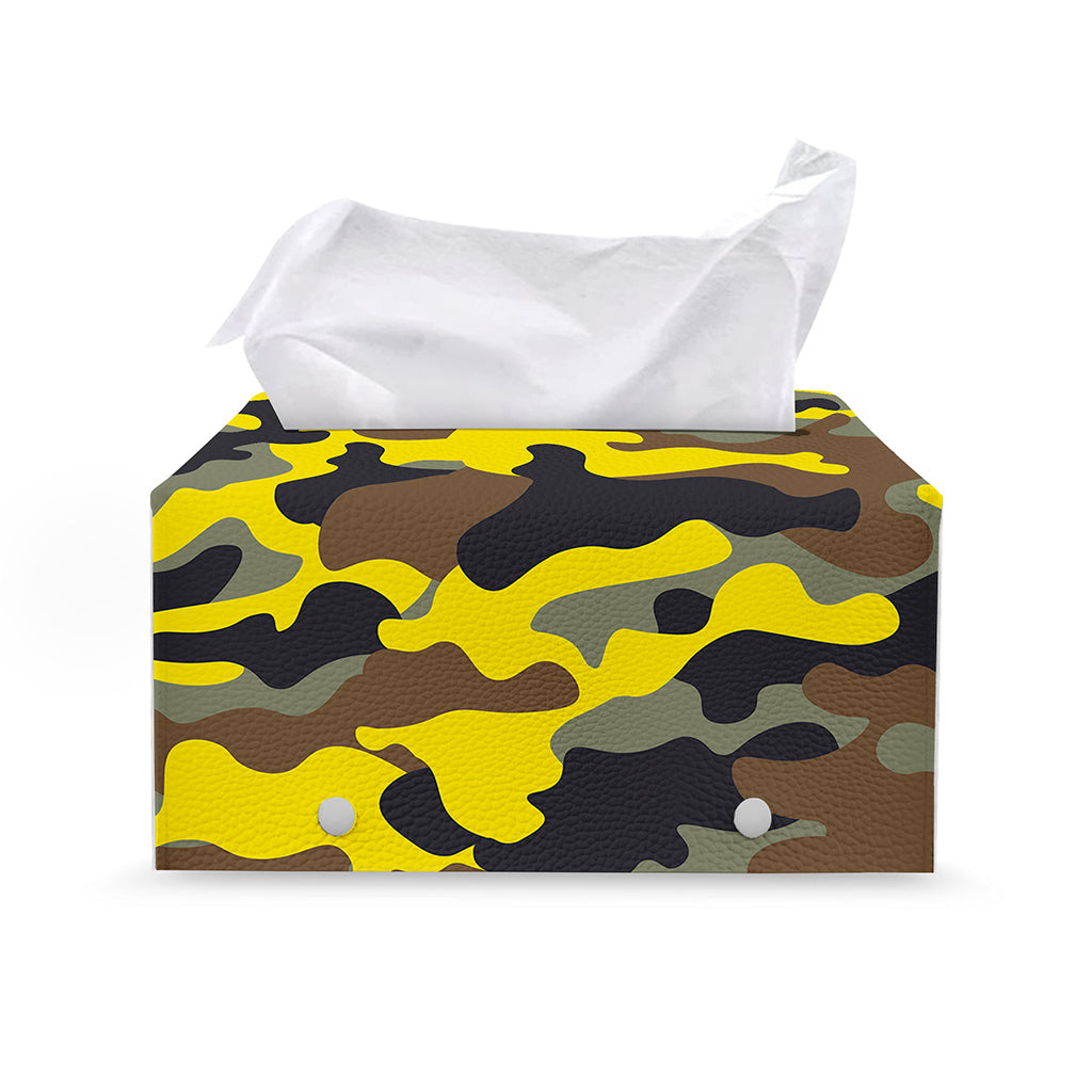 Yellow Brown And Black Camouflage Print Leather Tissue Box Cover