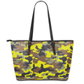 Yellow Brown And Black Camouflage Print Leather Tote Bag With Zipper