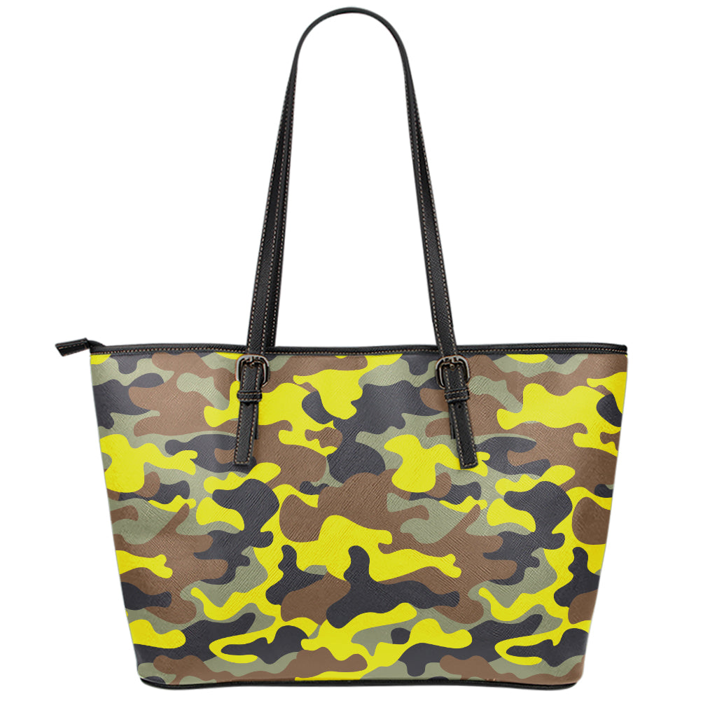 Yellow Brown And Black Camouflage Print Leather Tote Bag