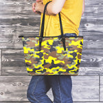Yellow Brown And Black Camouflage Print Leather Tote Bag
