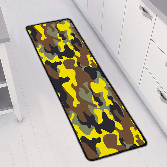 Yellow Brown And Black Camouflage Print Long Kitchen Mat