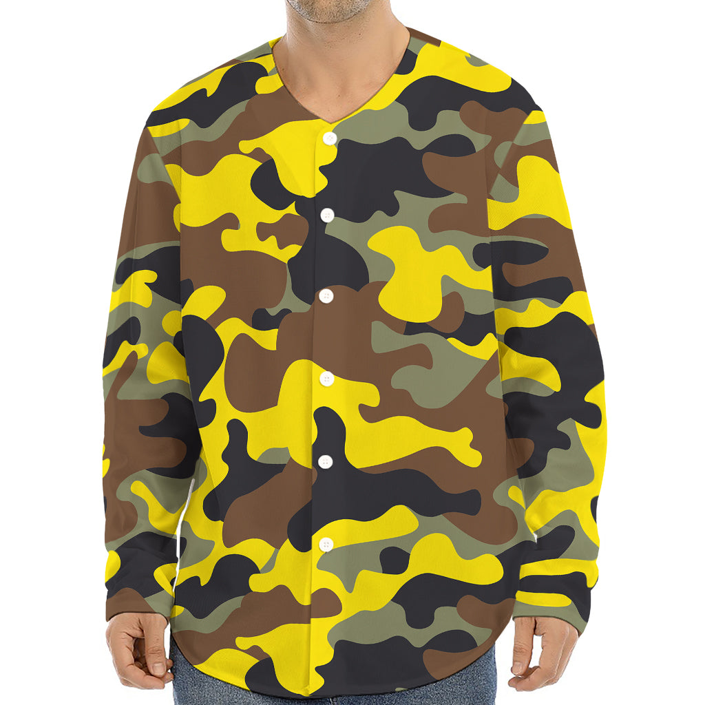 Yellow Brown And Black Camouflage Print Long Sleeve Baseball Jersey