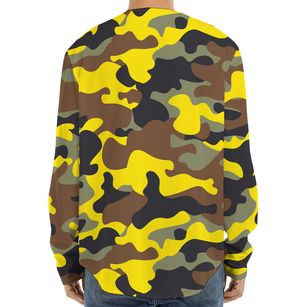 Yellow Brown And Black Camouflage Print Long Sleeve Baseball Jersey