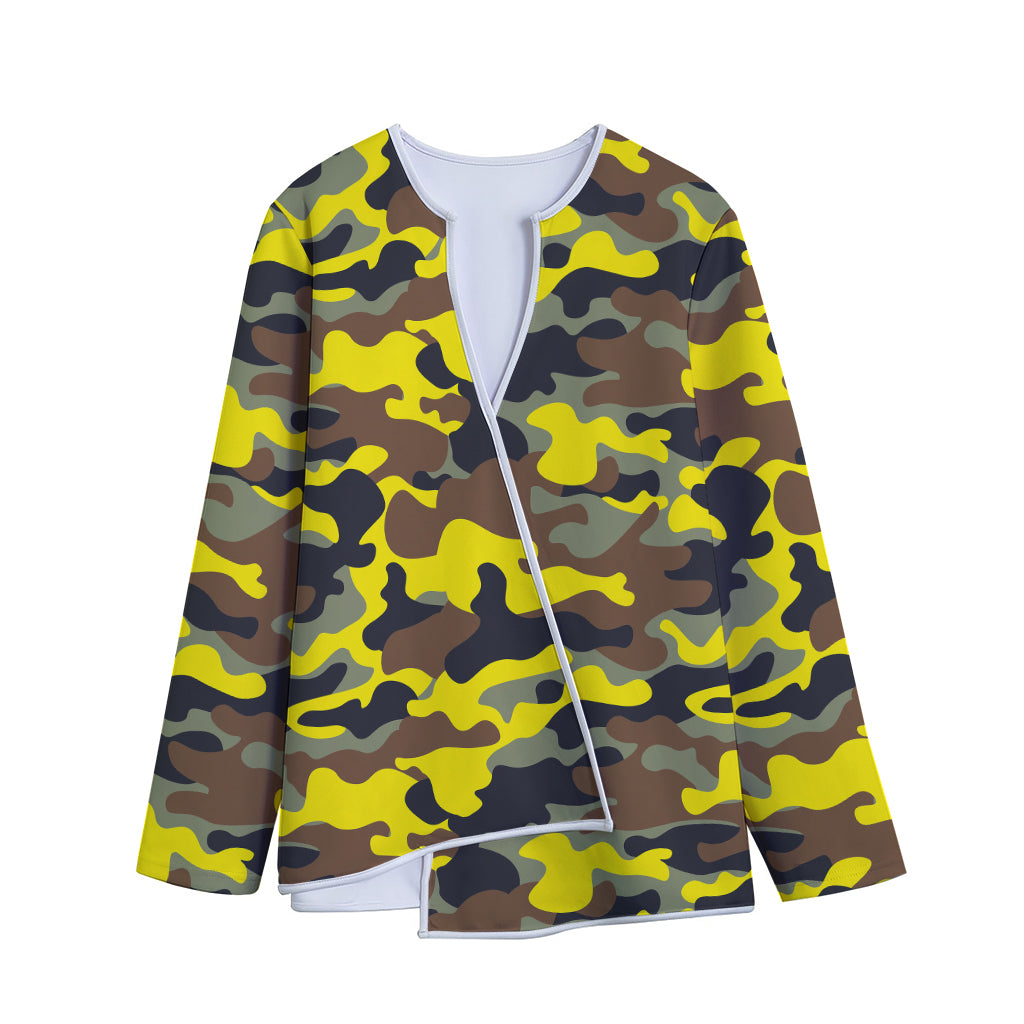 Yellow Brown And Black Camouflage Print Long Sleeve Short Coat
