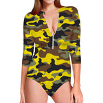 Yellow Brown And Black Camouflage Print Long Sleeve Swimsuit