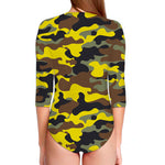 Yellow Brown And Black Camouflage Print Long Sleeve Swimsuit