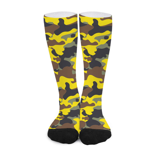 Yellow Brown And Black Camouflage Print Long Socks