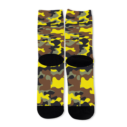 Yellow Brown And Black Camouflage Print Long Socks