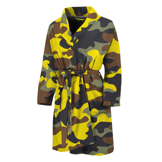 Yellow Brown And Black Camouflage Print Men's Bathrobe