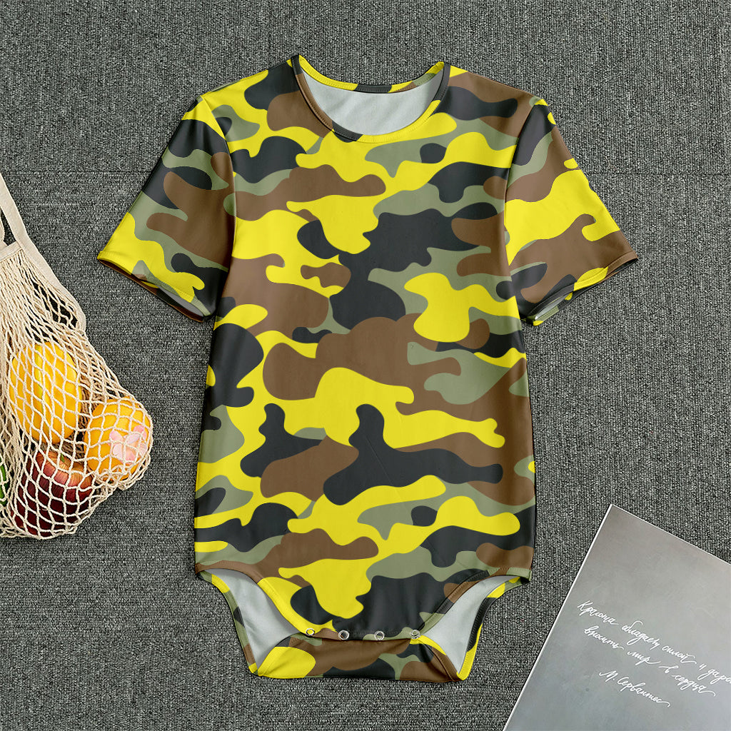 Yellow Brown And Black Camouflage Print Men's Bodysuit
