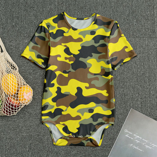 Yellow Brown And Black Camouflage Print Men's Bodysuit
