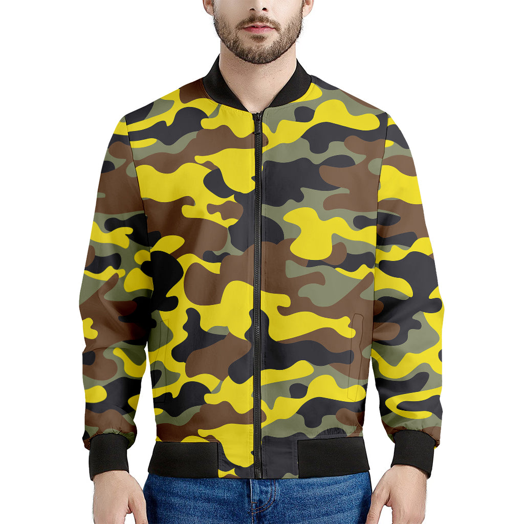 Yellow Brown And Black Camouflage Print Men's Bomber Jacket