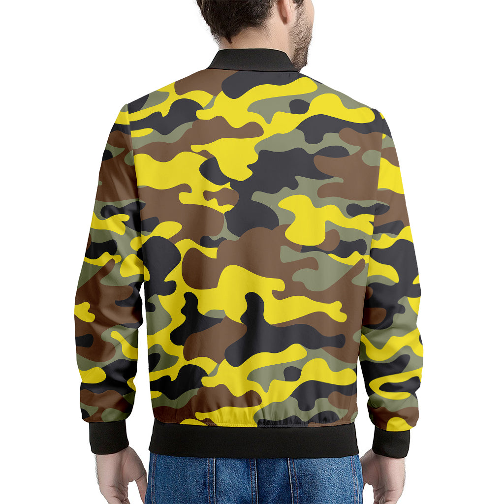 Yellow Brown And Black Camouflage Print Men's Bomber Jacket