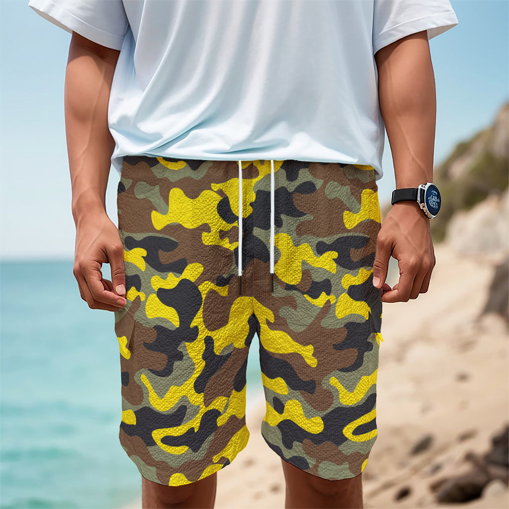 Yellow Brown And Black Camouflage Print Men's Cargo Shorts