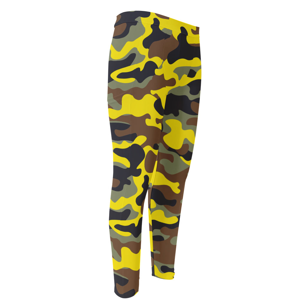 Yellow Brown And Black Camouflage Print Men's Compression Pants