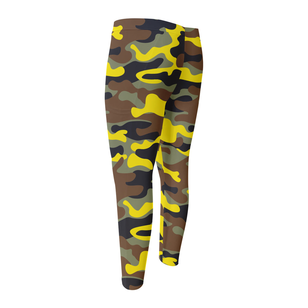 Yellow Brown And Black Camouflage Print Men's Compression Pants