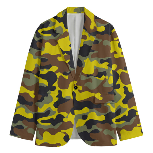 Yellow Brown And Black Camouflage Print Men's Cotton Blazer
