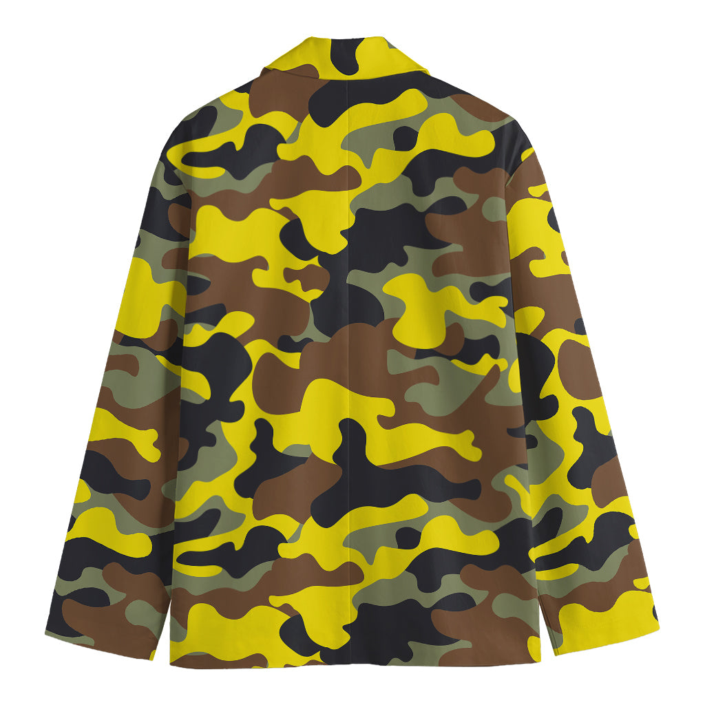Yellow Brown And Black Camouflage Print Men's Cotton Blazer