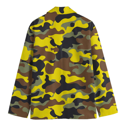 Yellow Brown And Black Camouflage Print Men's Cotton Blazer