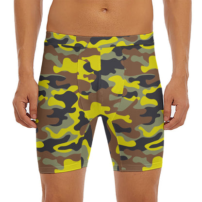 Yellow Brown And Black Camouflage Print Men's Long Boxer Briefs