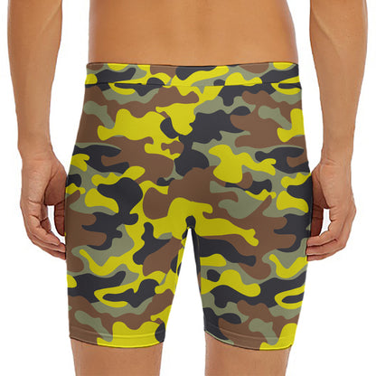 Yellow Brown And Black Camouflage Print Men's Long Boxer Briefs