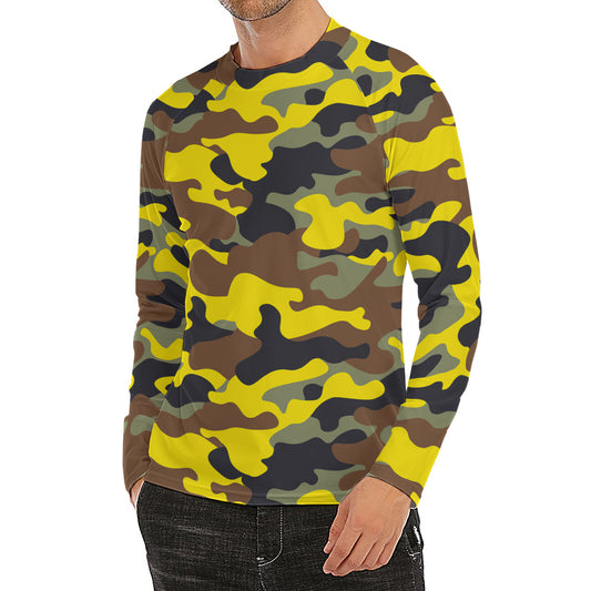 Yellow Brown And Black Camouflage Print Men's Long Sleeve Rash Guard