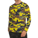 Yellow Brown And Black Camouflage Print Men's Long Sleeve Rash Guard