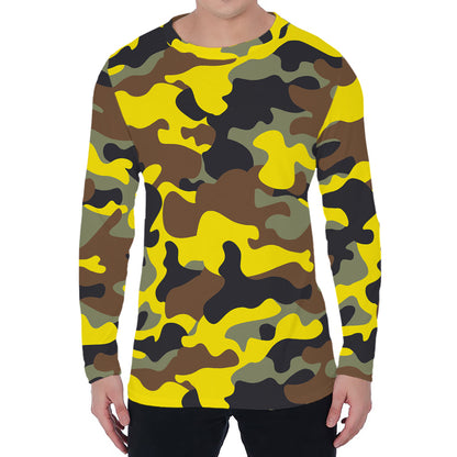 Yellow Brown And Black Camouflage Print Men's Long Sleeve T-Shirt