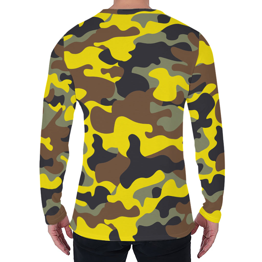 Yellow Brown And Black Camouflage Print Men's Long Sleeve T-Shirt