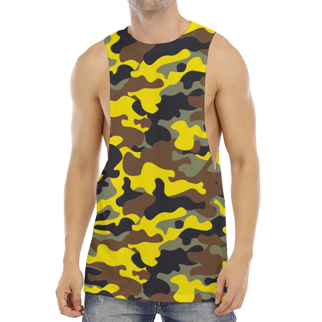 Yellow Brown And Black Camouflage Print Men's Muscle Tank Top