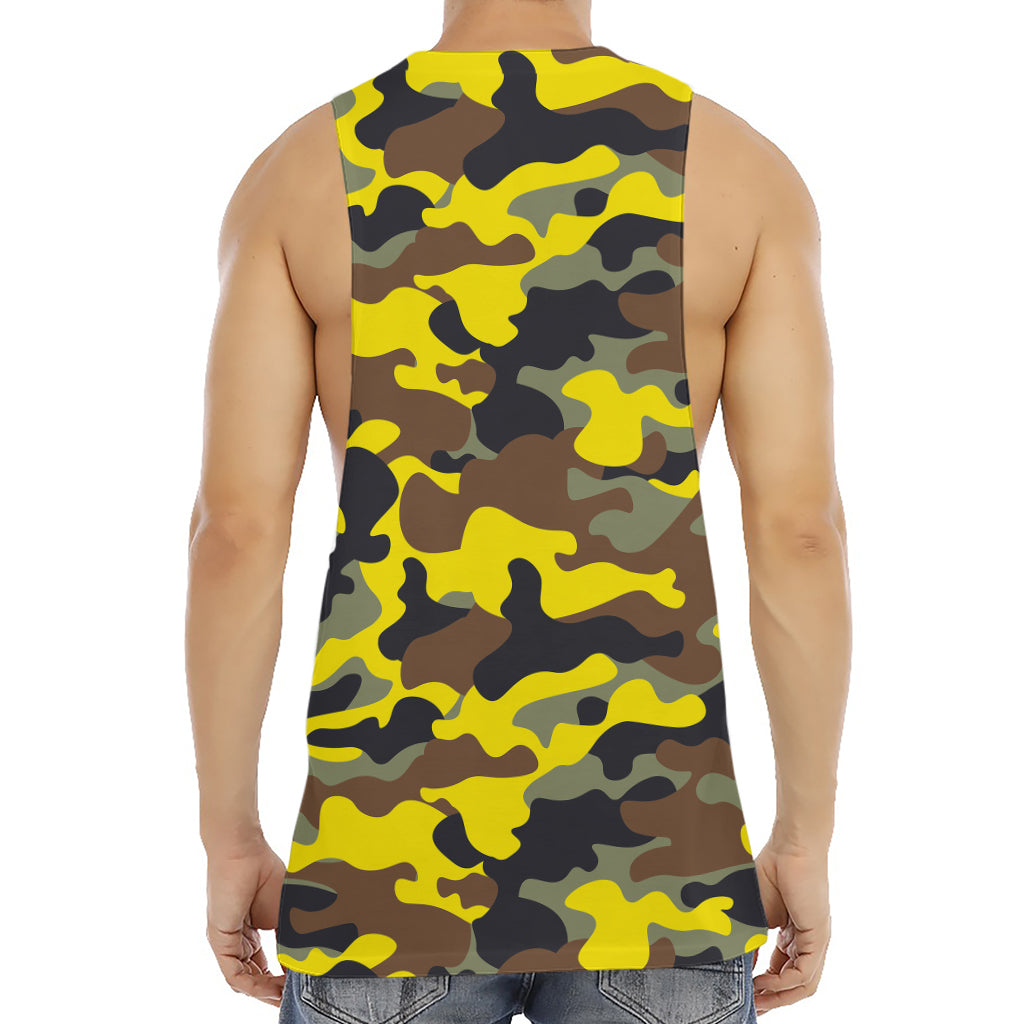 Yellow Brown And Black Camouflage Print Men's Muscle Tank Top