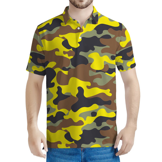 Yellow Brown And Black Camouflage Print Men's Polo Shirt