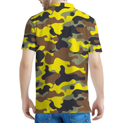Yellow Brown And Black Camouflage Print Men's Polo Shirt