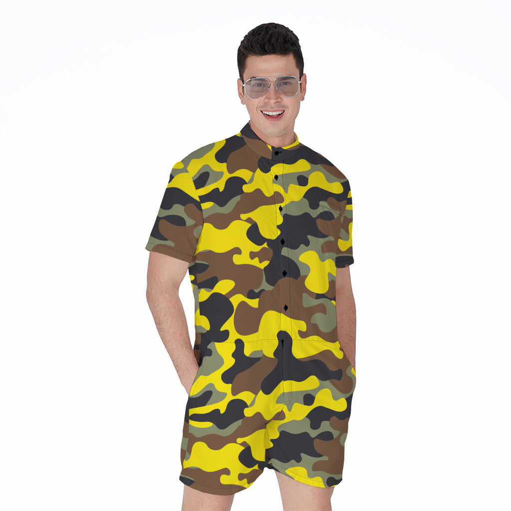 Yellow Brown And Black Camouflage Print Men's Rompers