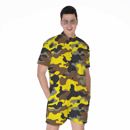 Yellow Brown And Black Camouflage Print Men's Rompers