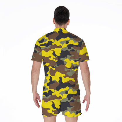 Yellow Brown And Black Camouflage Print Men's Rompers