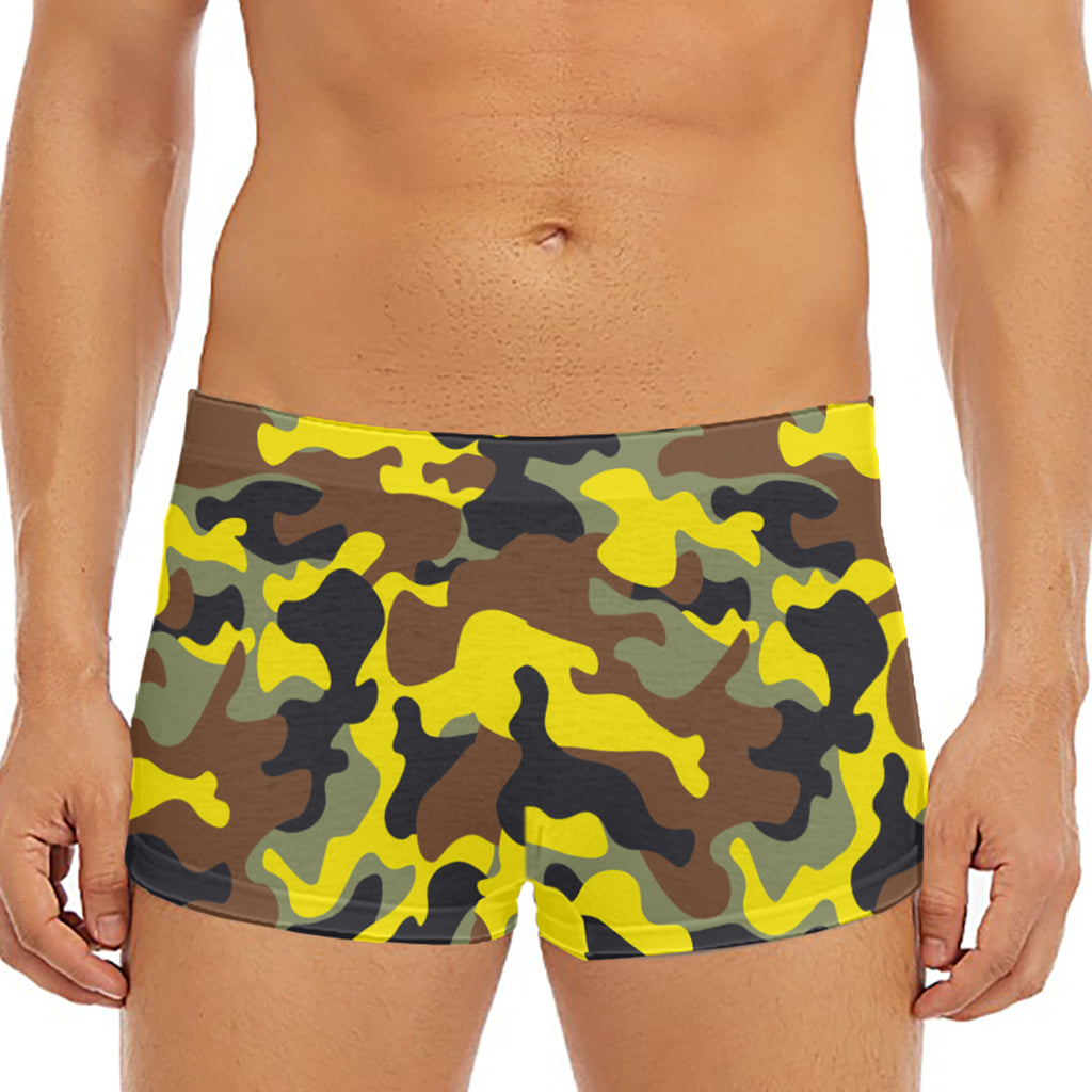 Yellow Brown And Black Camouflage Print Men's Short Boxer Briefs