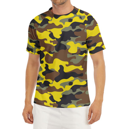 Yellow Brown And Black Camouflage Print Men's Short Sleeve Rash Guard
