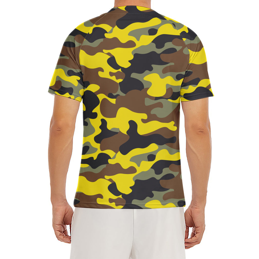 Yellow Brown And Black Camouflage Print Men's Short Sleeve Rash Guard