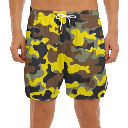 Yellow Brown And Black Camouflage Print Men's Split Running Shorts
