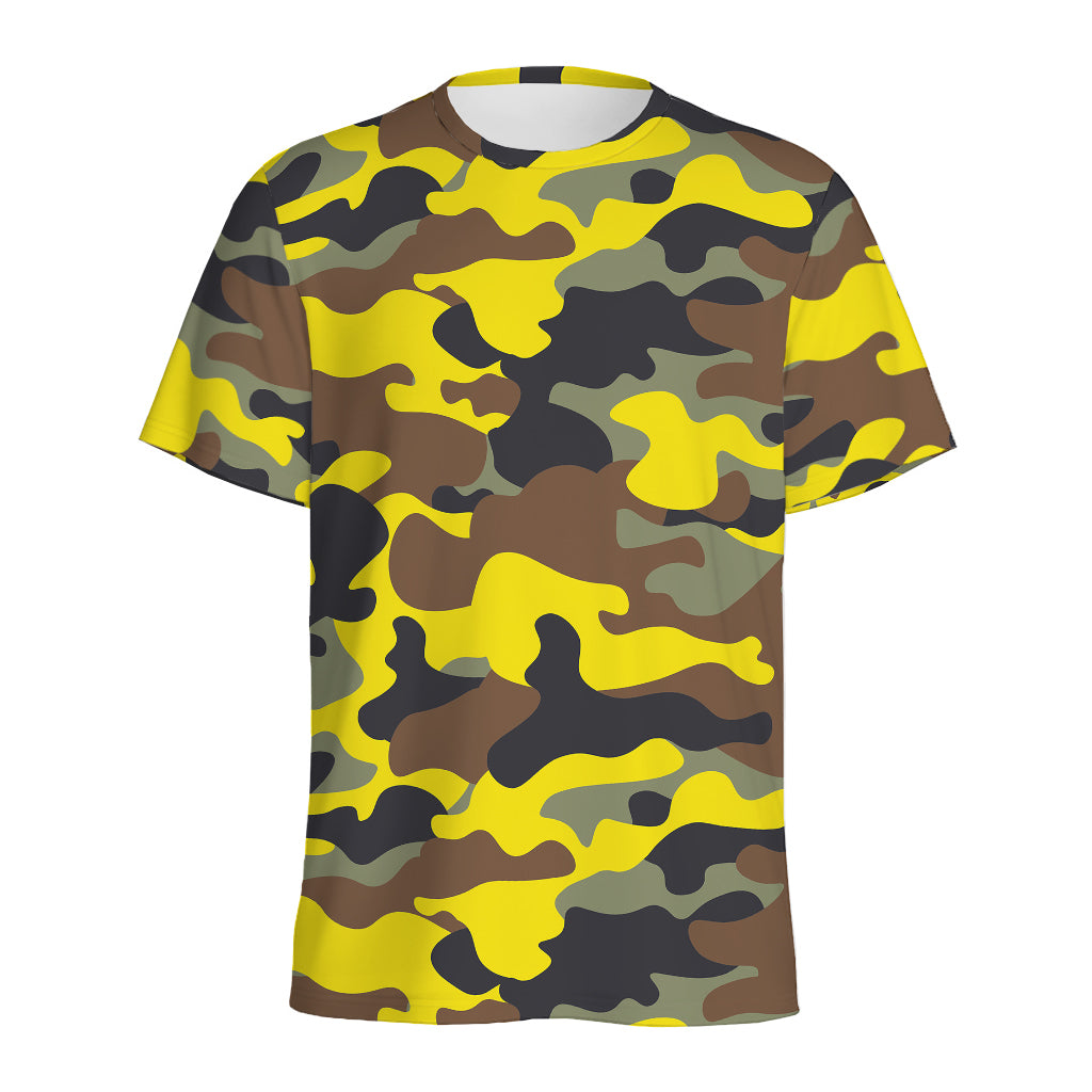Yellow Brown And Black Camouflage Print Men's Sports T-Shirt