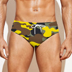 Yellow Brown And Black Camouflage Print Men's Swim Briefs