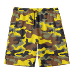 Yellow Brown And Black Camouflage Print Men's Swim Trunks